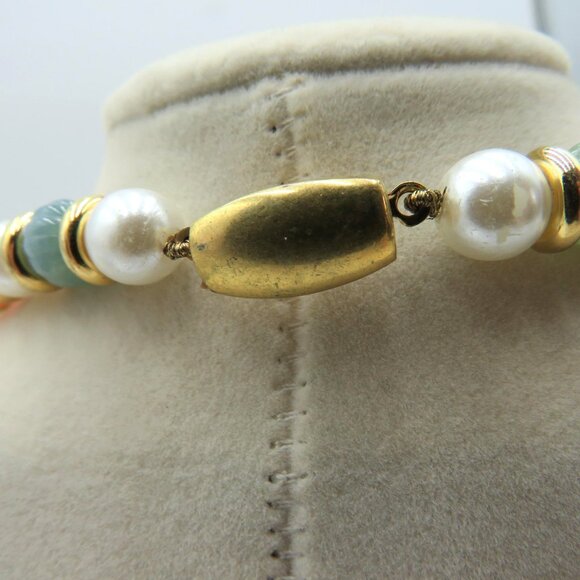 Beaded Necklace Faux Pearl Glass Carved Beads Multicolor Gold Tone Spacers Oval - Picture 5 of 13